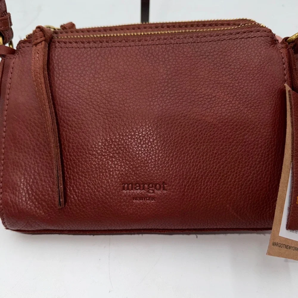 Margot New York Jules Double Zip Leather Crossbody Bag Brown - Picture 3 of 11